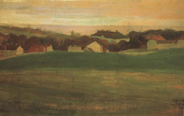 Egon Schiele Meadow with Village in Background II (mk12) Norge oil painting art
